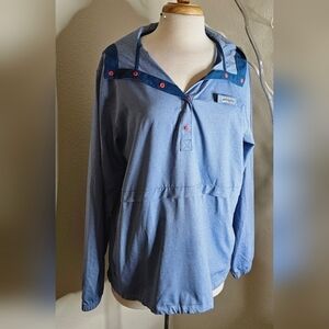 Baby Blue with coral snaps  light weight hooded top.